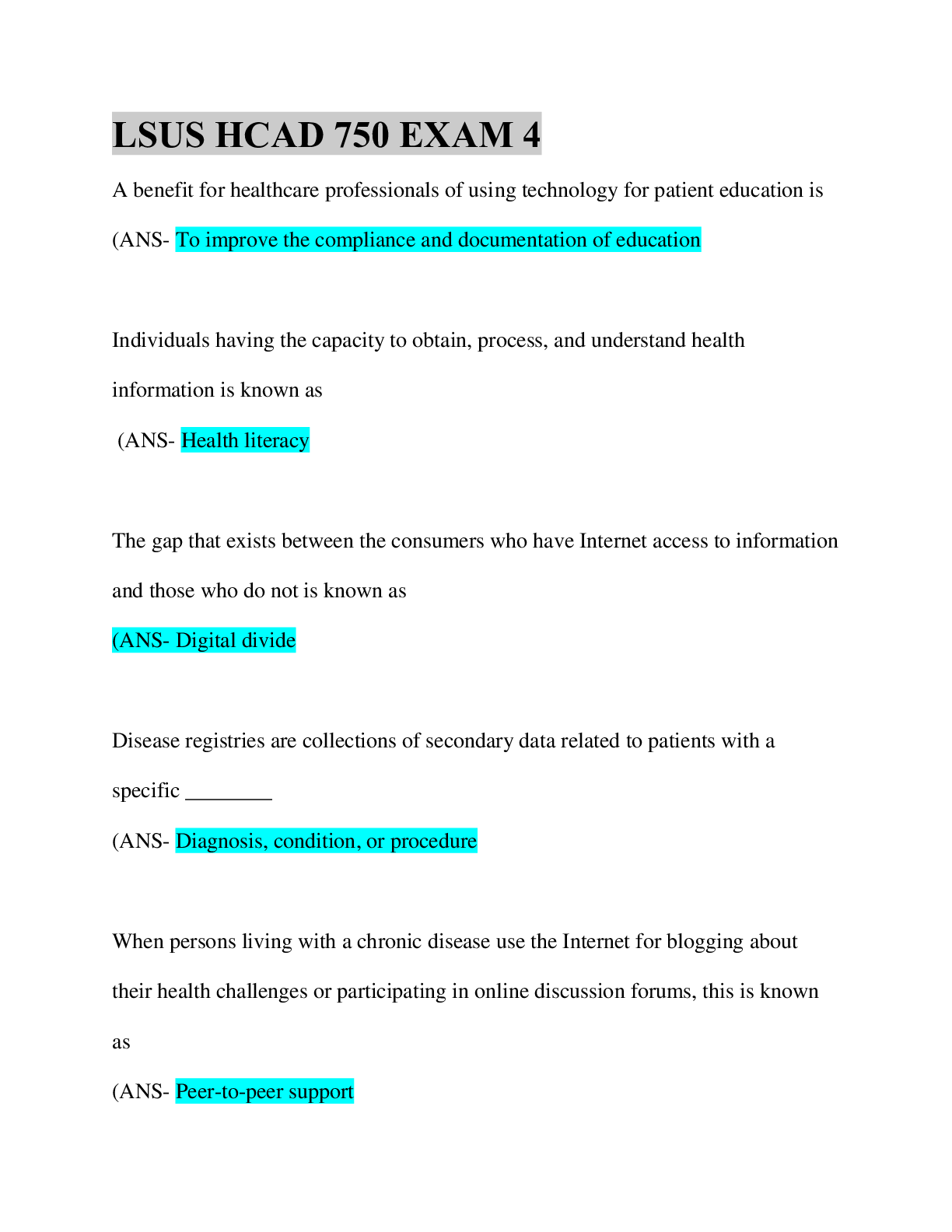 Preview of LSUS HCAD 750 EXAM 4/Questions& Answers/Graded A